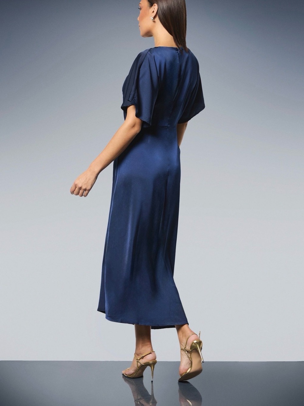 Express Navy Satin Midi Dress Faux Wrap - Picture 4 of 12